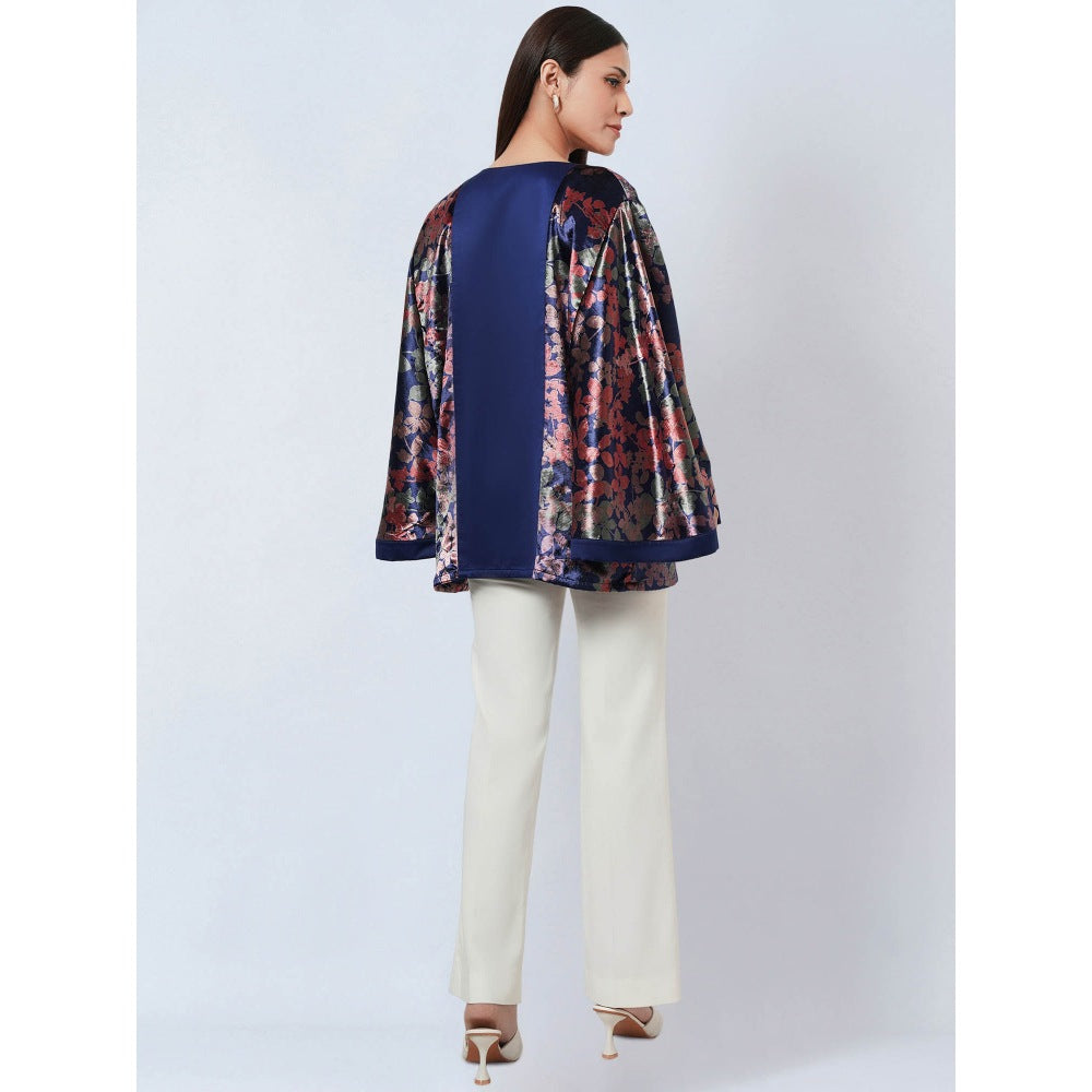 First Resort by Ramola Bachchan Blue & Rose Gold Floral Velvet Jacket