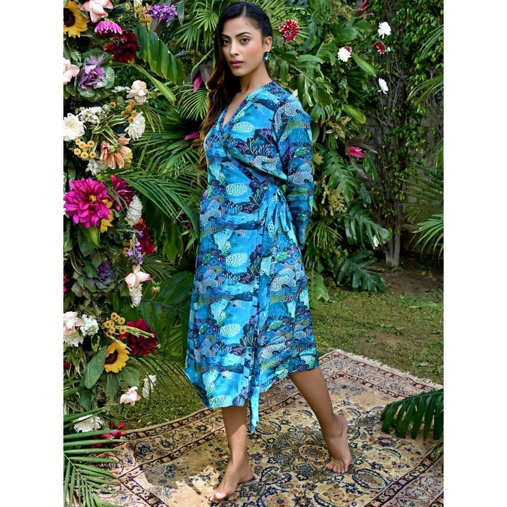 First Resort by Ramola Bachchan Blue & Green Sea Jungle Print Wrap Around Dress