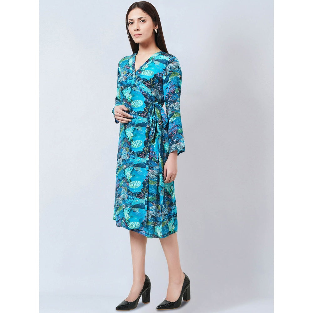 First Resort by Ramola Bachchan Blue & Green Sea Jungle Print Wrap Around Dress