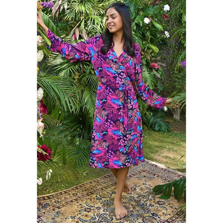 First Resort by Ramola Bachchan Pink Deep Sea Print Wrap Around Dress