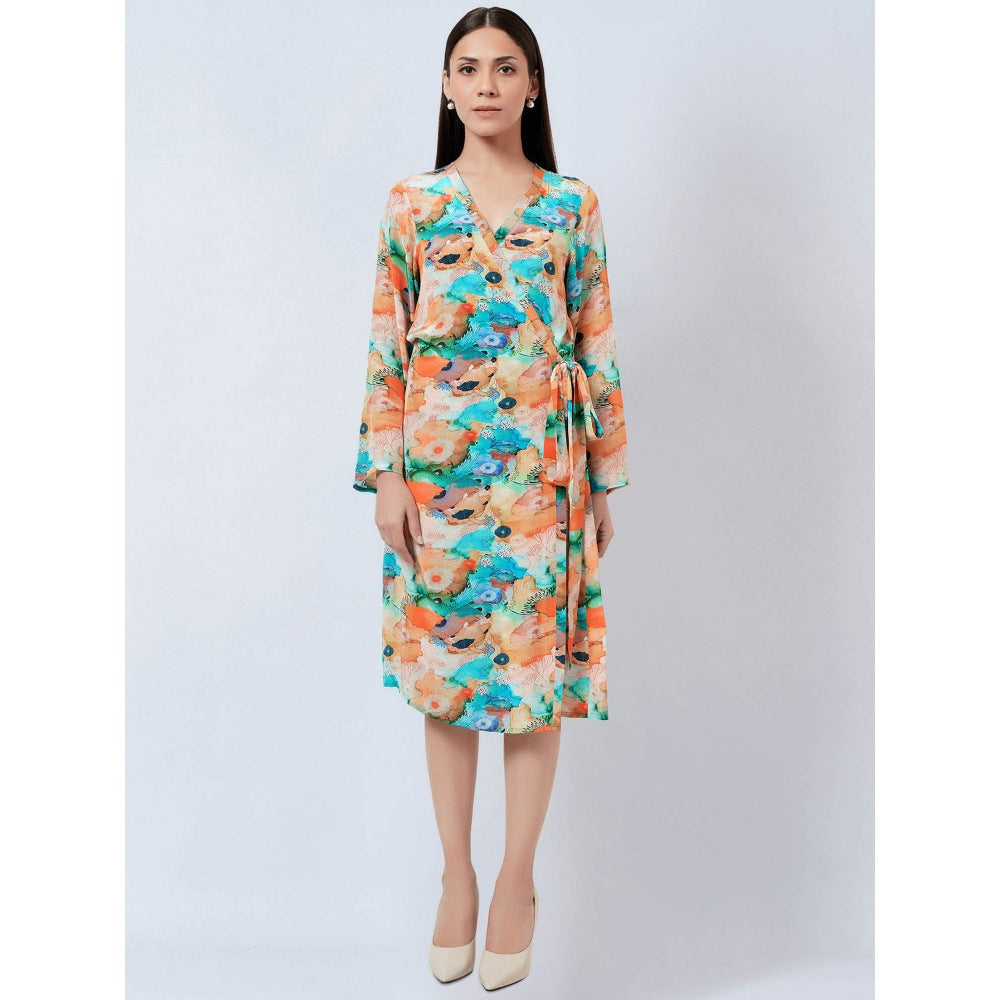 First Resort by Ramola Bachchan Multi Color Marine Print Wrap Around Dress
