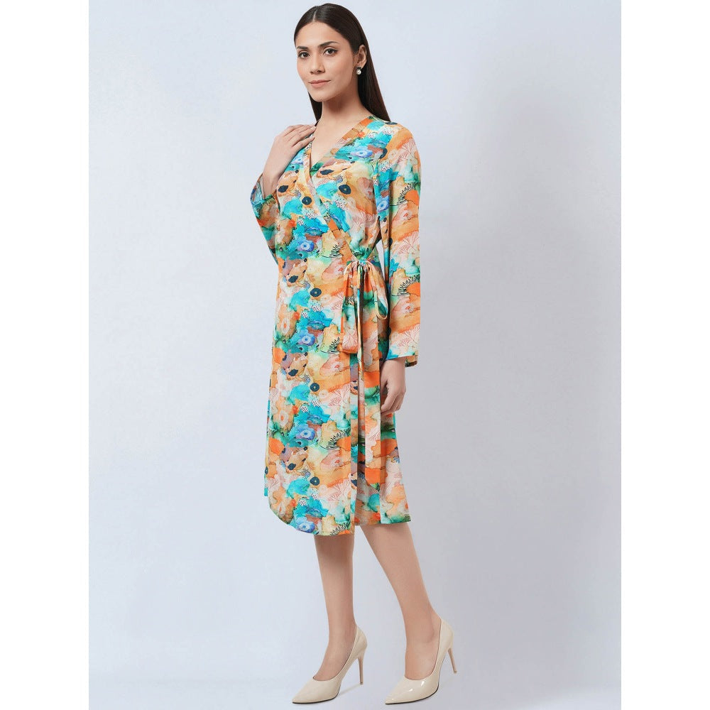 First Resort by Ramola Bachchan Multi Color Marine Print Wrap Around Dress