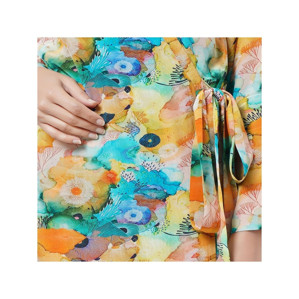 First Resort by Ramola Bachchan Multi Color Marine Print Wrap Around Dress