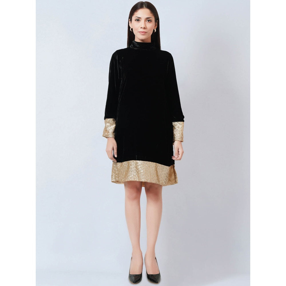First Resort by Ramola Bachchan Black Silk Velvet Dress with Gold Sequin Border