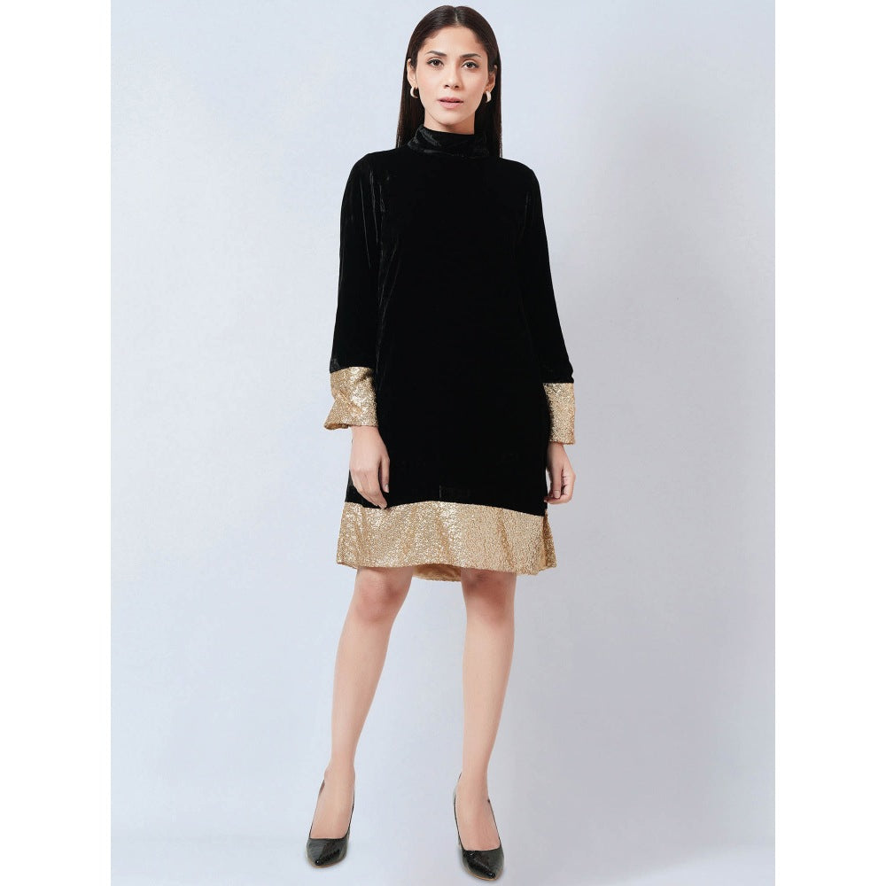 First Resort by Ramola Bachchan Black Silk Velvet Dress with Gold Sequin Border