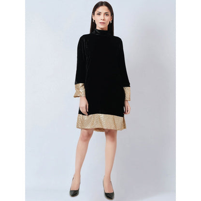 First Resort by Ramola Bachchan Black Silk Velvet Dress with Gold Sequin Border