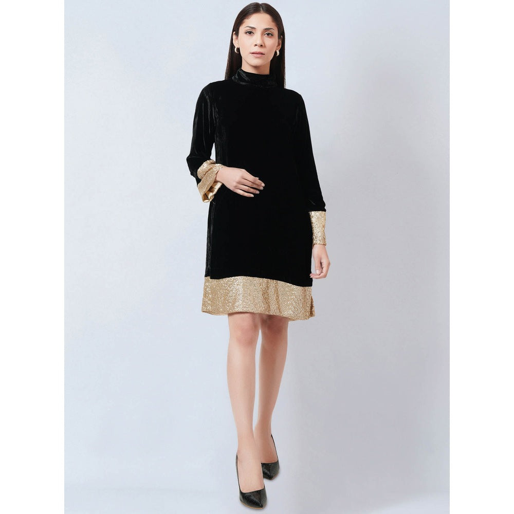 First Resort by Ramola Bachchan Black Silk Velvet Dress with Gold Sequin Border