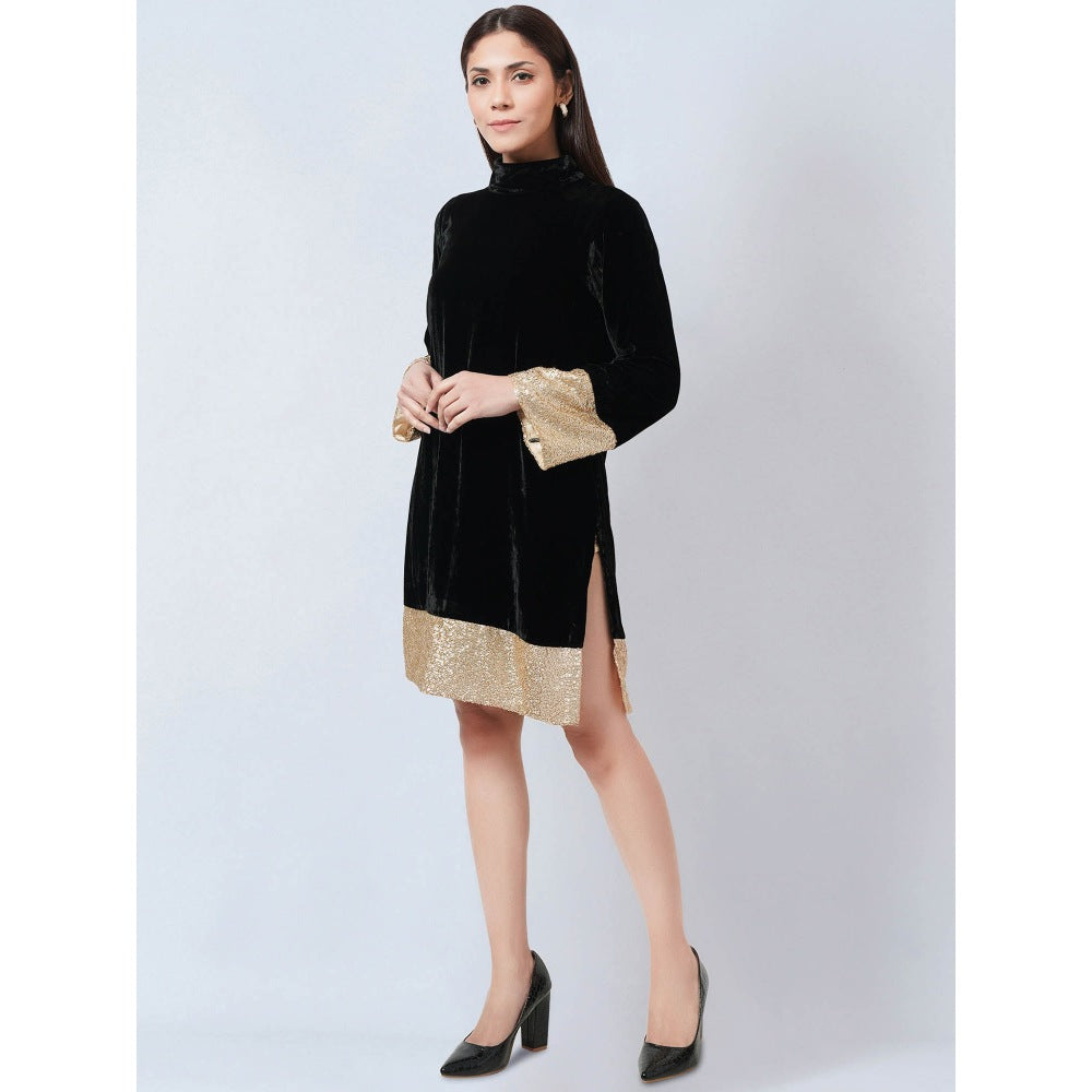 First Resort by Ramola Bachchan Black Silk Velvet Dress with Gold Sequin Border