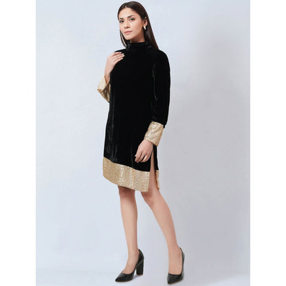 First Resort by Ramola Bachchan Black Silk Velvet Dress with Gold Sequin Border