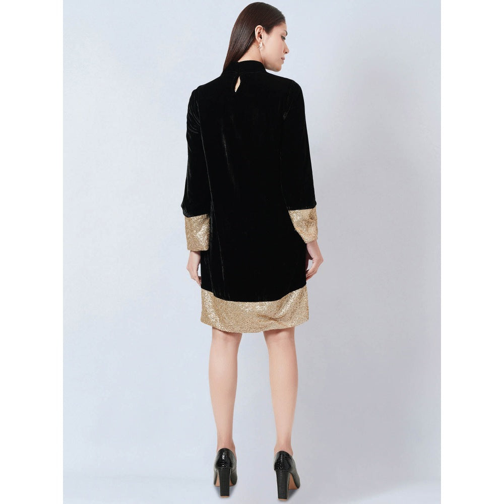 First Resort by Ramola Bachchan Black Silk Velvet Dress with Gold Sequin Border
