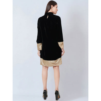 First Resort by Ramola Bachchan Black Silk Velvet Dress with Gold Sequin Border