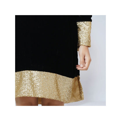 First Resort by Ramola Bachchan Black Silk Velvet Dress with Gold Sequin Border