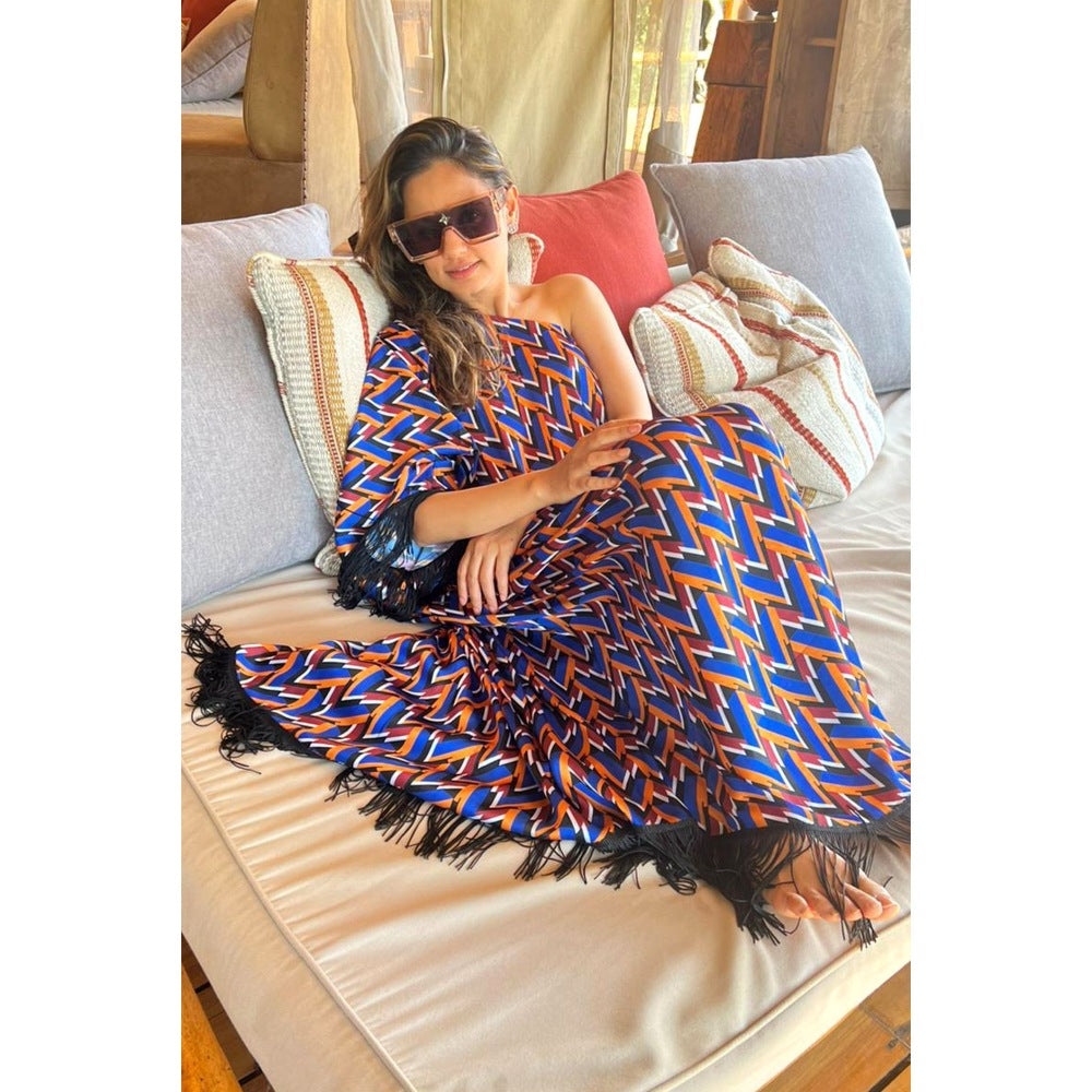 First Resort by Ramola Bachchan Blue & Mustard One Shoulder Geometric Print Dress (Set of 2)