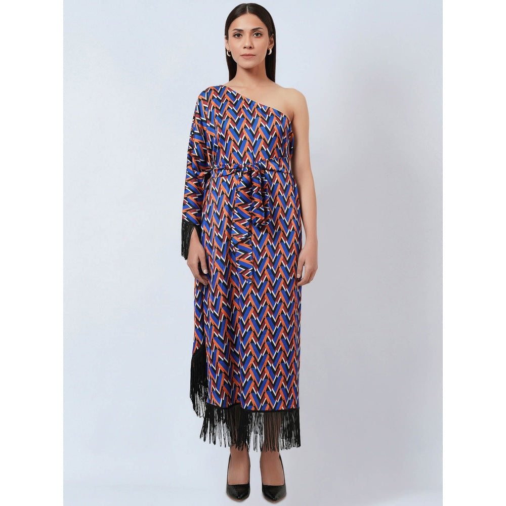 First Resort by Ramola Bachchan Blue & Mustard One Shoulder Geometric Print Dress (Set of 2)