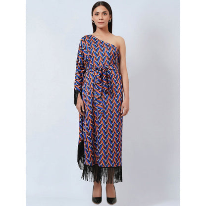 First Resort by Ramola Bachchan Blue & Mustard One Shoulder Geometric Print Dress (Set of 2)