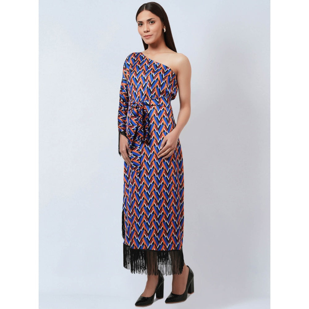 First Resort by Ramola Bachchan Blue & Mustard One Shoulder Geometric Print Dress (Set of 2)