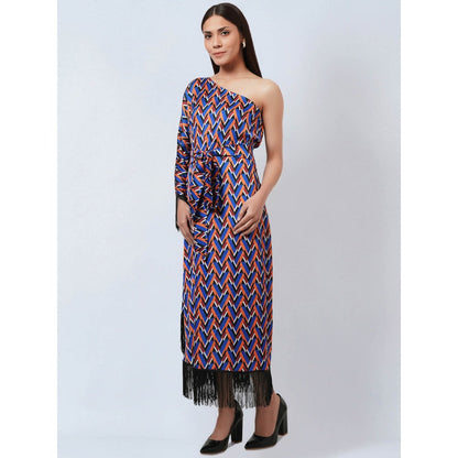 First Resort by Ramola Bachchan Blue & Mustard One Shoulder Geometric Print Dress (Set of 2)