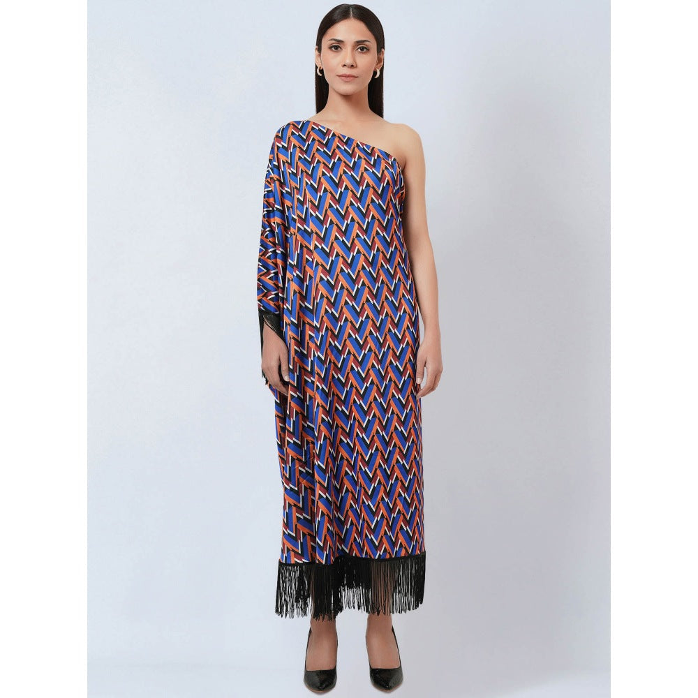 First Resort by Ramola Bachchan Blue & Mustard One Shoulder Geometric Print Dress (Set of 2)