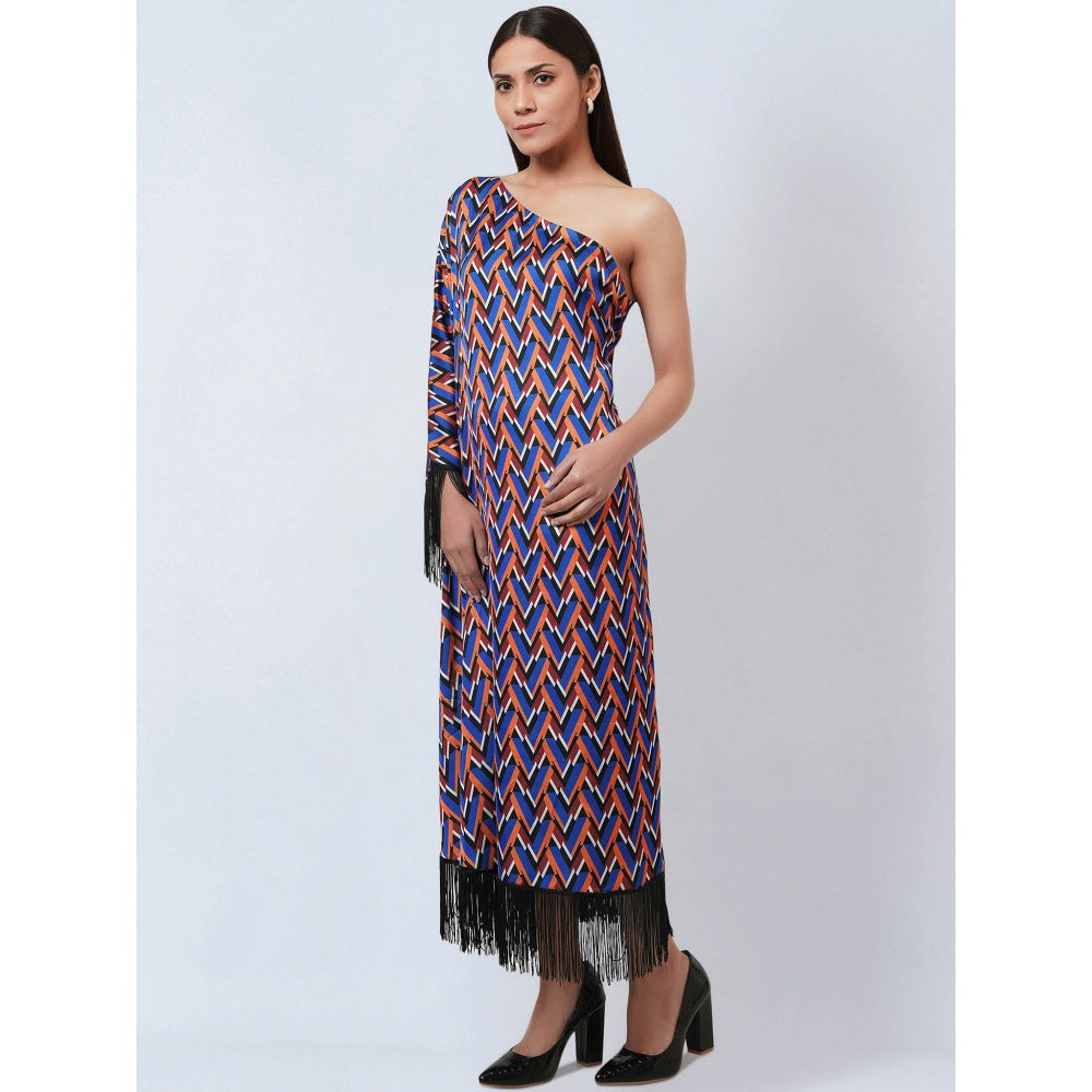 First Resort by Ramola Bachchan Blue & Mustard One Shoulder Geometric Print Dress (Set of 2)