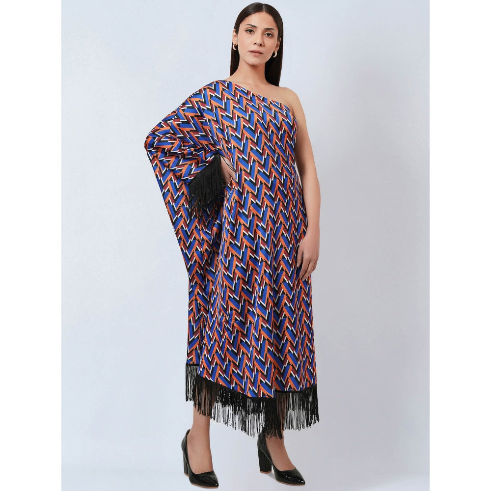 First Resort by Ramola Bachchan Blue & Mustard One Shoulder Geometric Print Dress (Set of 2)