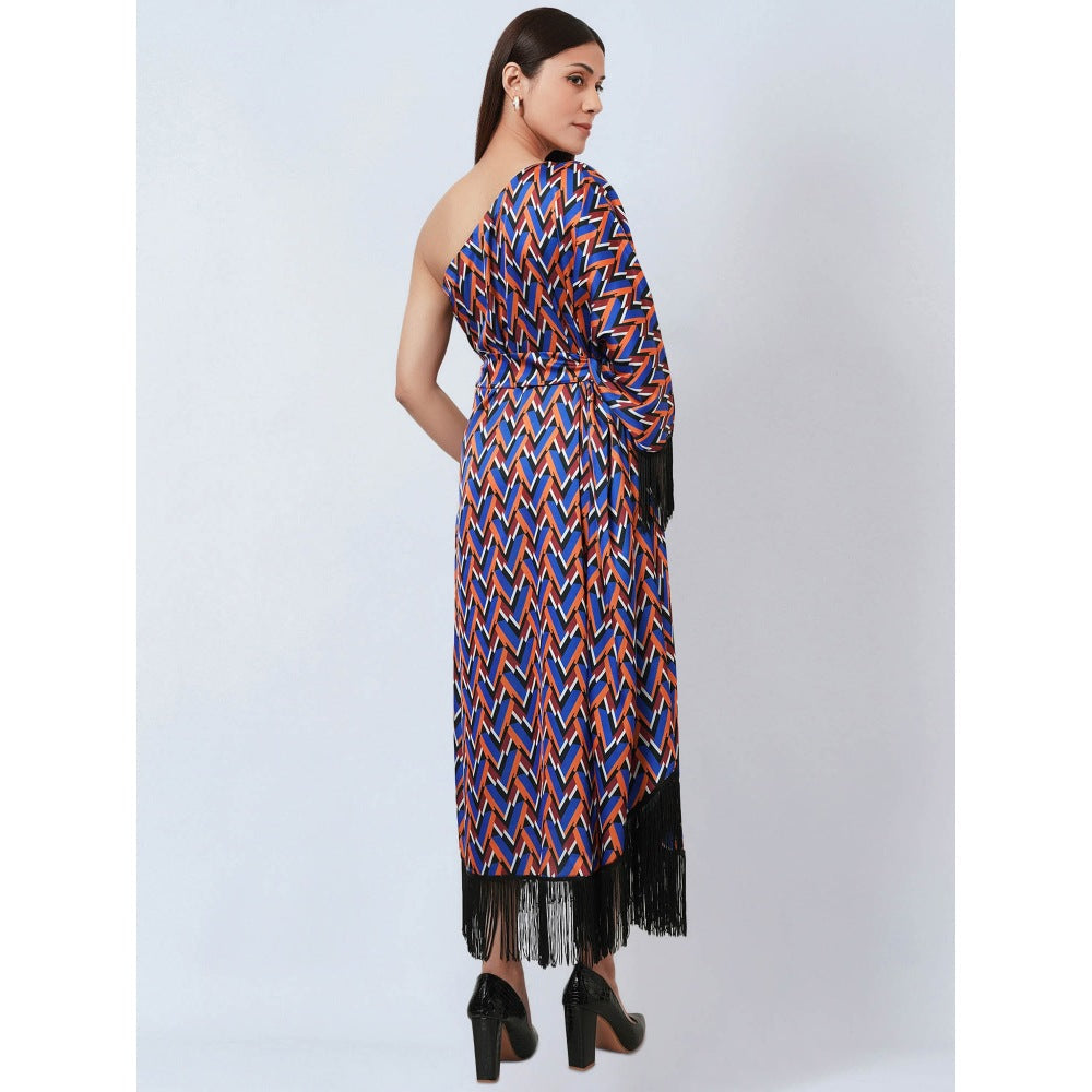 First Resort by Ramola Bachchan Blue & Mustard One Shoulder Geometric Print Dress (Set of 2)