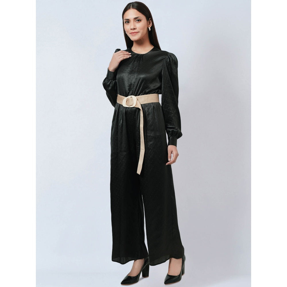 First Resort by Ramola Bachchan Black Textured Jumpsuit with Velvet Belt (Set of 2)
