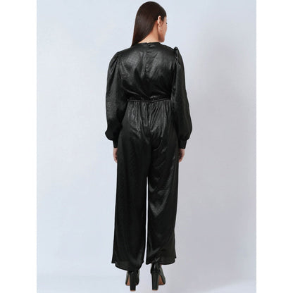 First Resort by Ramola Bachchan Black Textured Jumpsuit with Velvet Belt (Set of 2)