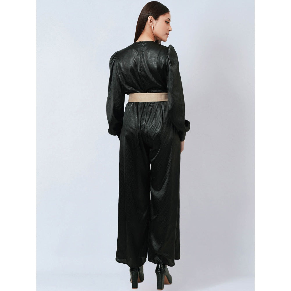First Resort by Ramola Bachchan Black Textured Jumpsuit with Velvet Belt (Set of 2)