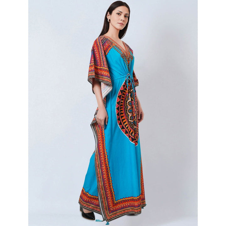 First Resort by Ramola Bachchan Blue Tribal Embellished Flared Sleeves Kaftan Dress