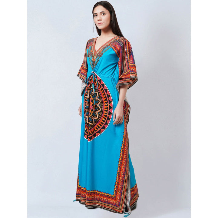 First Resort by Ramola Bachchan Blue Tribal Embellished Flared Sleeves Kaftan Dress