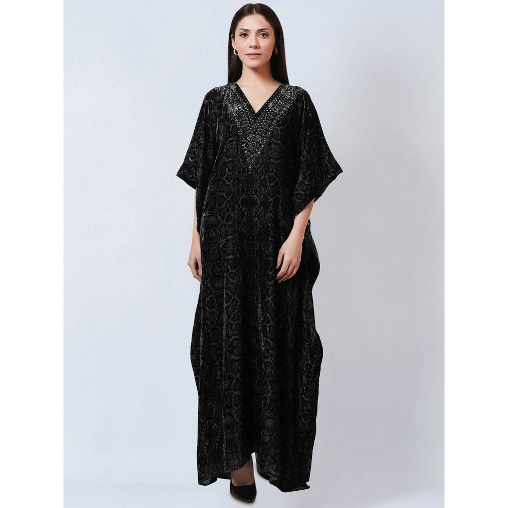 First Resort by Ramola Bachchan Black Animal Print Embellished Silk Velvet Kaftan Dress