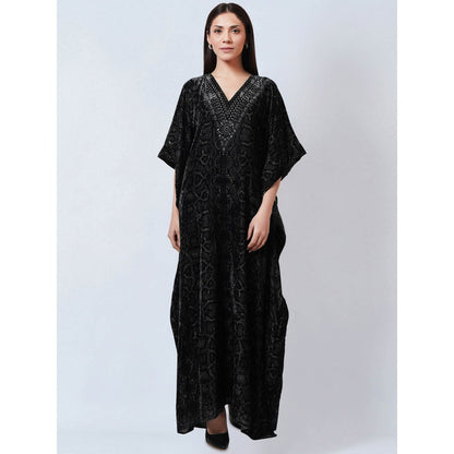 First Resort by Ramola Bachchan Black Animal Print Embellished Silk Velvet Kaftan Dress