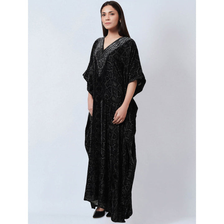 First Resort by Ramola Bachchan Black Animal Print Embellished Silk Velvet Kaftan Dress
