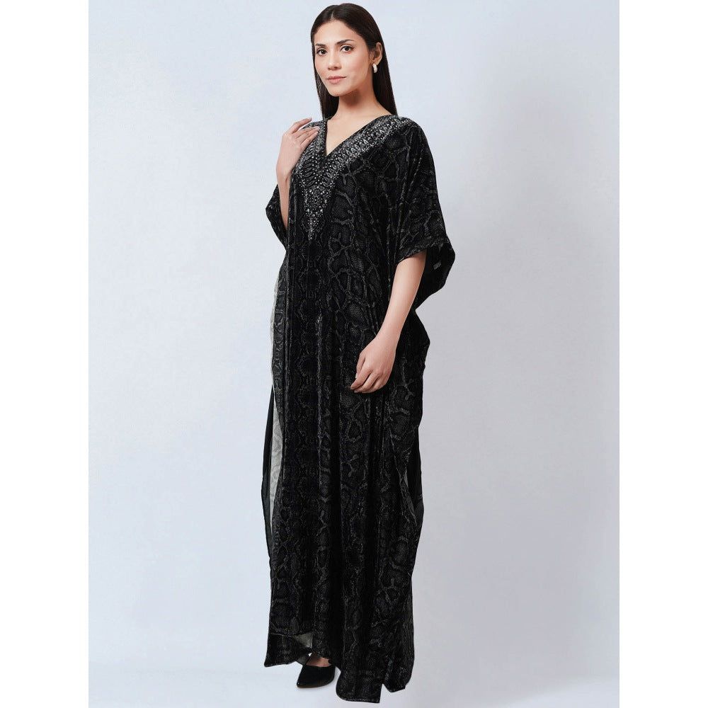 First Resort by Ramola Bachchan Black Animal Print Embellished Silk Velvet Kaftan Dress