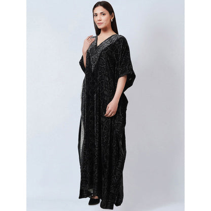 First Resort by Ramola Bachchan Black Animal Print Embellished Silk Velvet Kaftan Dress