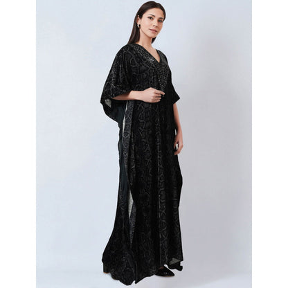 First Resort by Ramola Bachchan Black Animal Print Embellished Silk Velvet Kaftan Dress