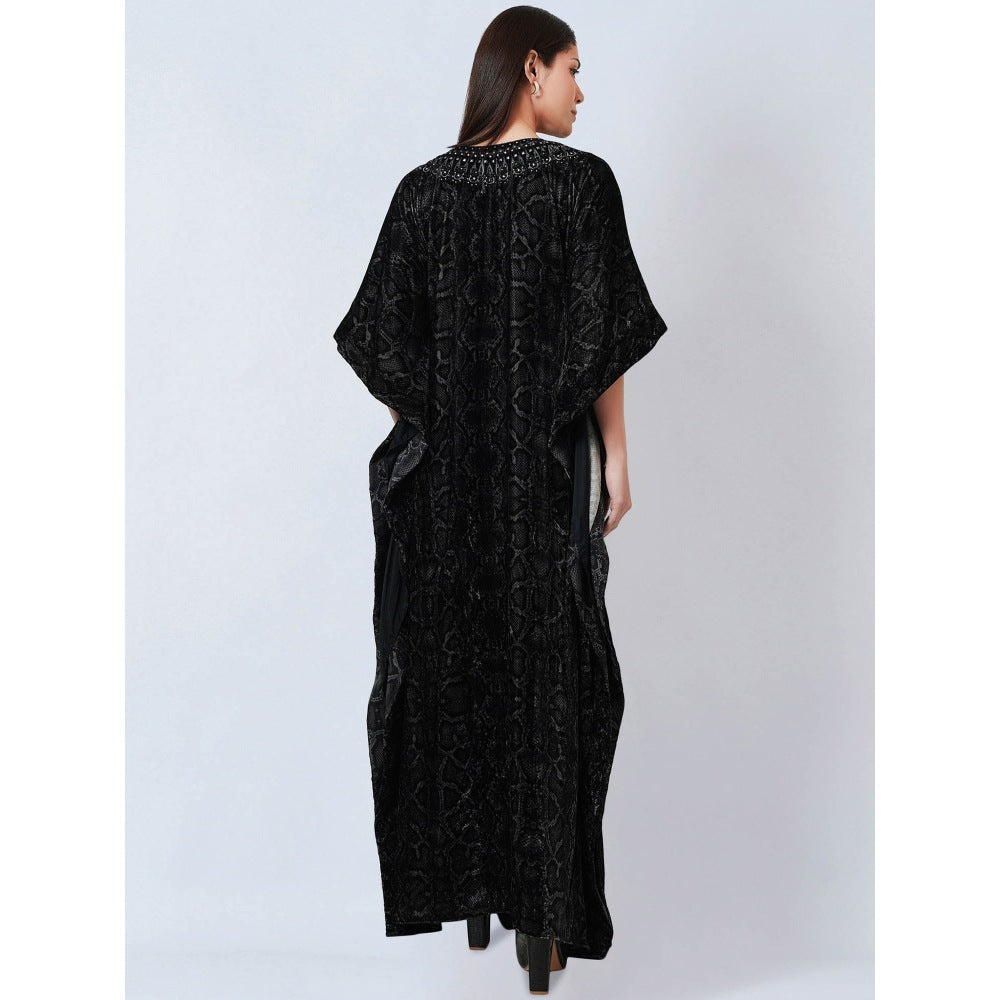 First Resort by Ramola Bachchan Black Animal Print Embellished Silk Velvet Kaftan Dress