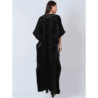 First Resort by Ramola Bachchan Black Animal Print Embellished Silk Velvet Kaftan Dress