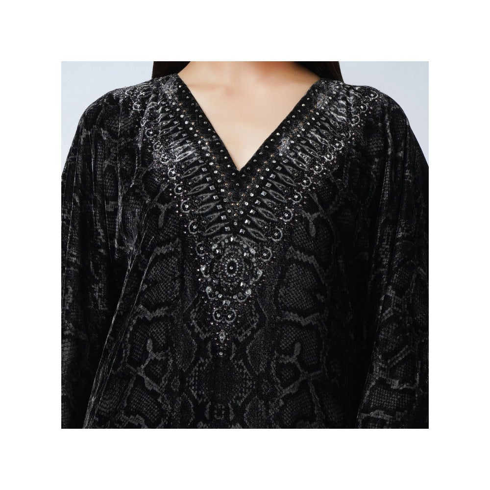 First Resort by Ramola Bachchan Black Animal Print Embellished Silk Velvet Kaftan Dress