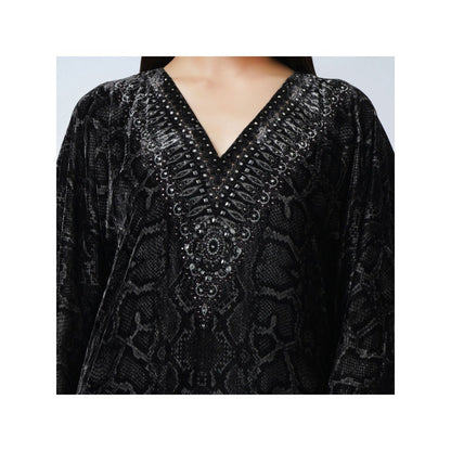 First Resort by Ramola Bachchan Black Animal Print Embellished Silk Velvet Kaftan Dress