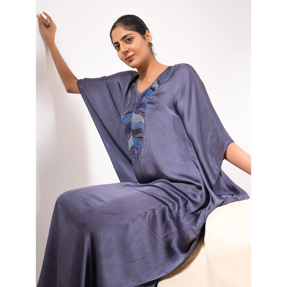 First Resort by Ramola Bachchan Dark Grey Embroidered Flared Sleeves Kaftan Dress