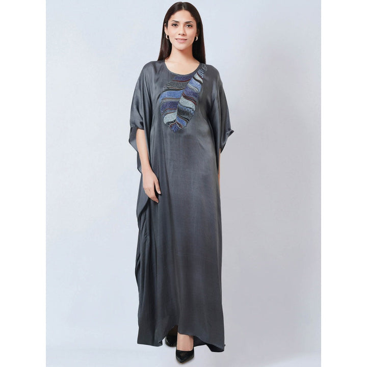 First Resort by Ramola Bachchan Dark Grey Embroidered Flared Sleeves Kaftan Dress