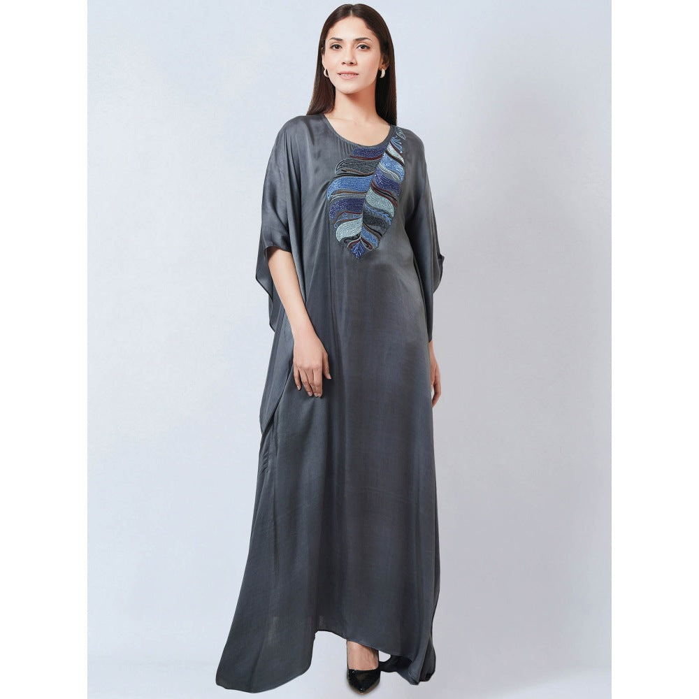 First Resort by Ramola Bachchan Dark Grey Embroidered Flared Sleeves Kaftan Dress