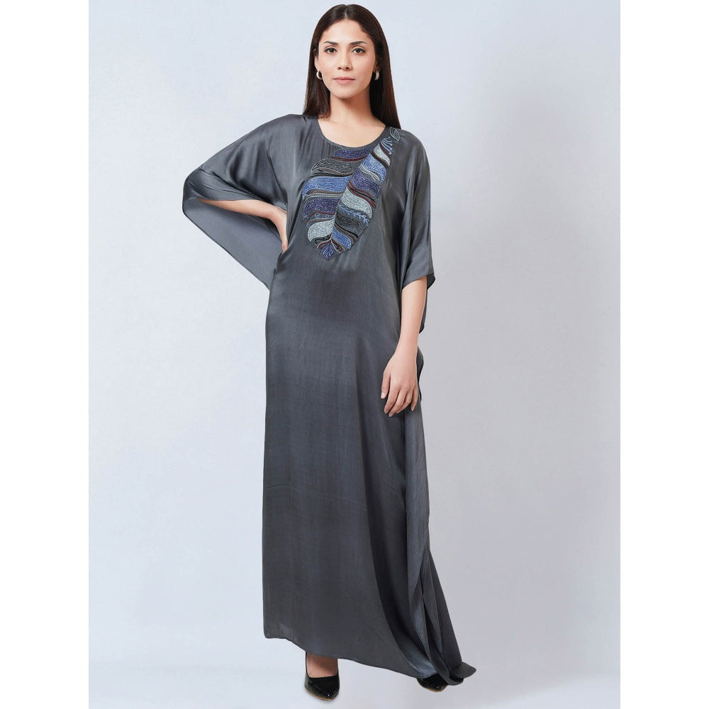 First Resort by Ramola Bachchan Dark Grey Embroidered Flared Sleeves Kaftan Dress
