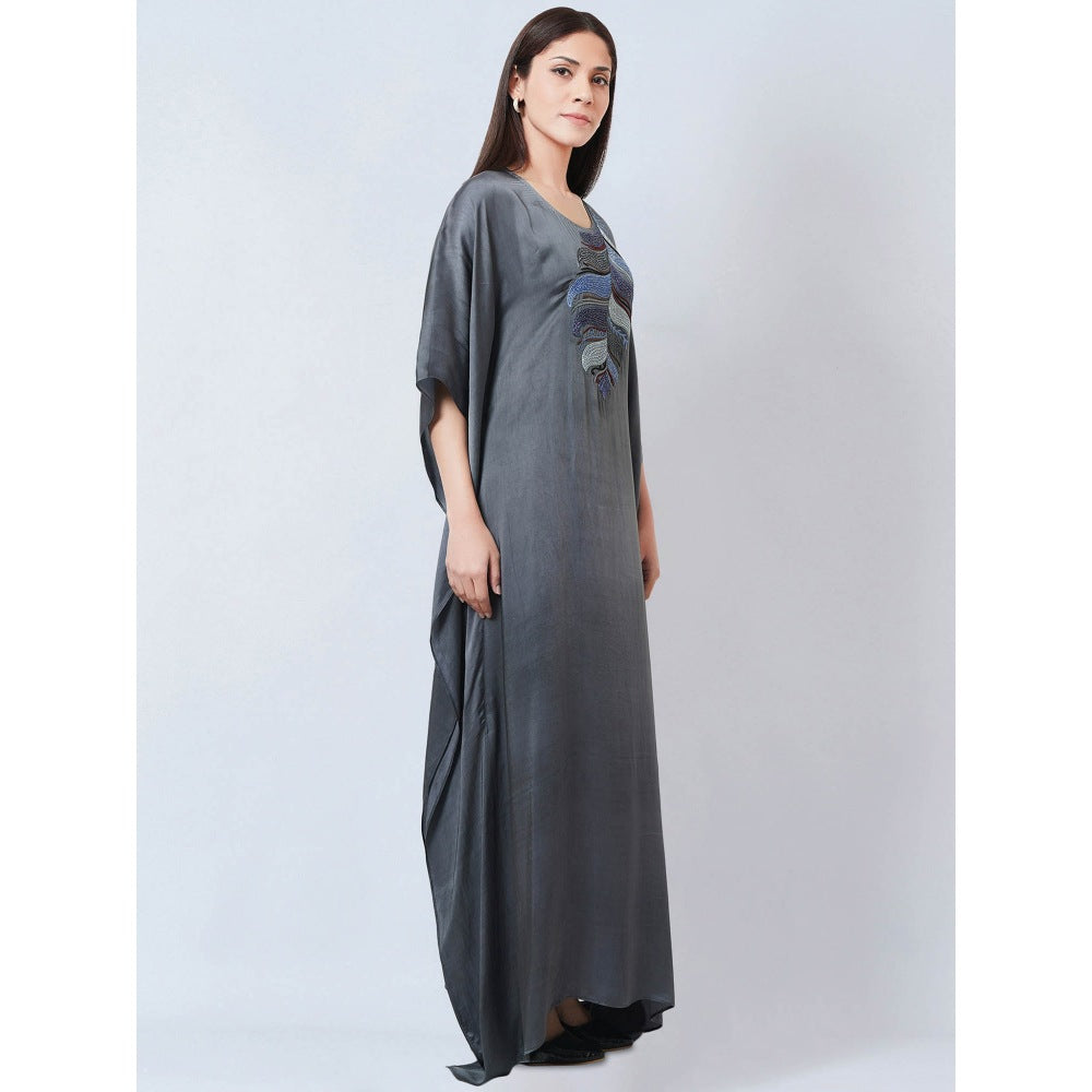 First Resort by Ramola Bachchan Dark Grey Embroidered Flared Sleeves Kaftan Dress