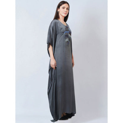 First Resort by Ramola Bachchan Dark Grey Embroidered Flared Sleeves Kaftan Dress