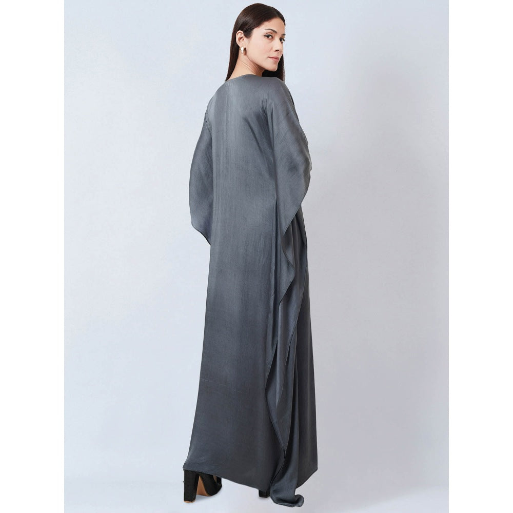 First Resort by Ramola Bachchan Dark Grey Embroidered Flared Sleeves Kaftan Dress