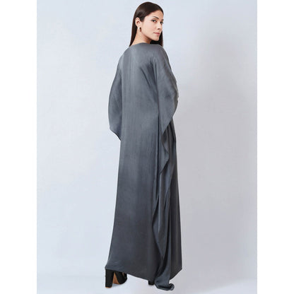 First Resort by Ramola Bachchan Dark Grey Embroidered Flared Sleeves Kaftan Dress