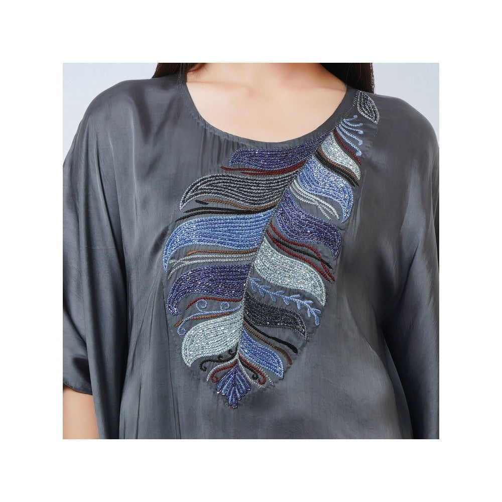 First Resort by Ramola Bachchan Dark Grey Embroidered Flared Sleeves Kaftan Dress