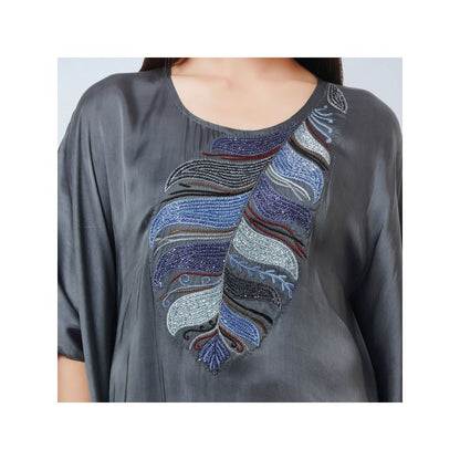 First Resort by Ramola Bachchan Dark Grey Embroidered Flared Sleeves Kaftan Dress